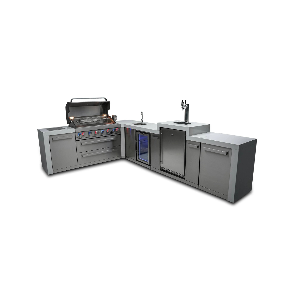 Angled view of the Mont Alpi 805 Deluxe Island with open grill, sink, kegerator, beverage center, and stainless steel storage cabinets.