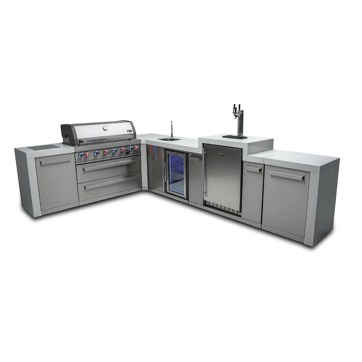 Front three-quarter view of the Mont Alpi 805 Deluxe Island with closed grill hood, kegerator, beverage center, and integrated storage.