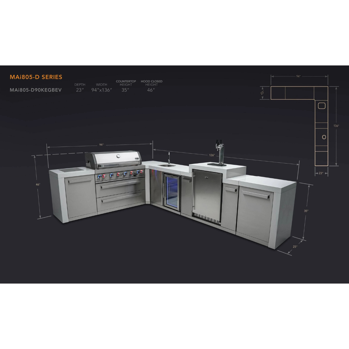 Dimension diagram of the Mont Alpi 805 Deluxe Island with 90-degree corner, kegerator, and beverage center showing layout and measurements.