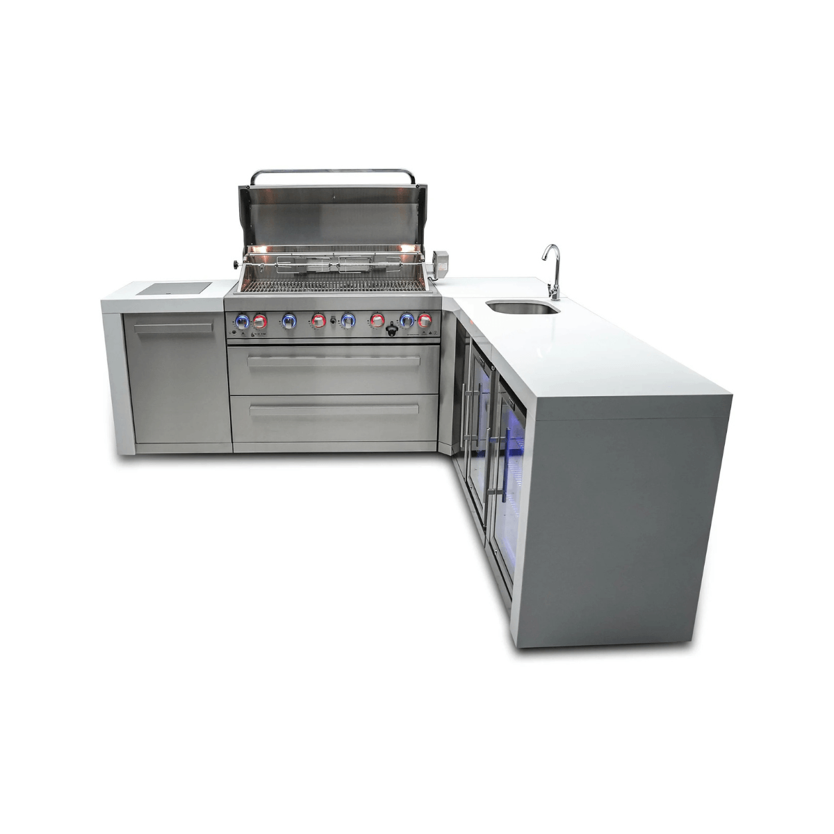 Front view of the Mont Alpi 805 Deluxe Island with open grill, sink, dual beverage coolers, and stainless steel storage cabinets.