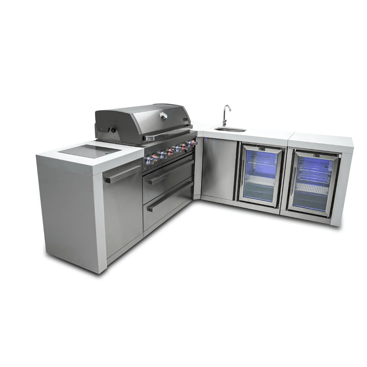 Front three-quarter view of the Mont Alpi 805 Deluxe Island with closed grill hood, sink, beverage center, fridge cabinet, and spacious countertop workspace.