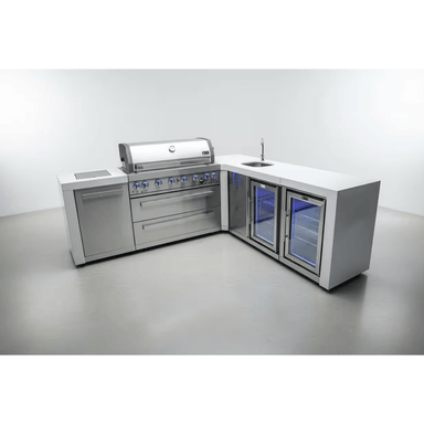Studio view of the Mont Alpi 805 Deluxe Island featuring a gas grill, sink, beverage center, fridge cabinet, and stainless steel storage in an L-shaped configuration.