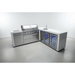 Studio view of the Mont Alpi 805 Deluxe Island featuring a gas grill, sink, beverage center, fridge cabinet, and stainless steel storage in an L-shaped configuration.