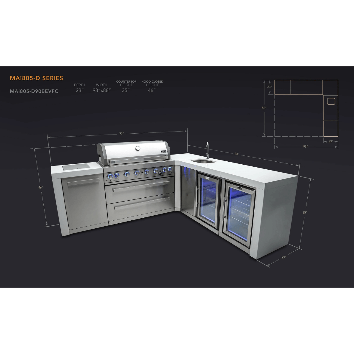 Dimension diagram of the Mont Alpi 805 Deluxe Island with 90-degree corner, beverage center, fridge cabinet, sink, and built-in gas grill showing layout measurements.