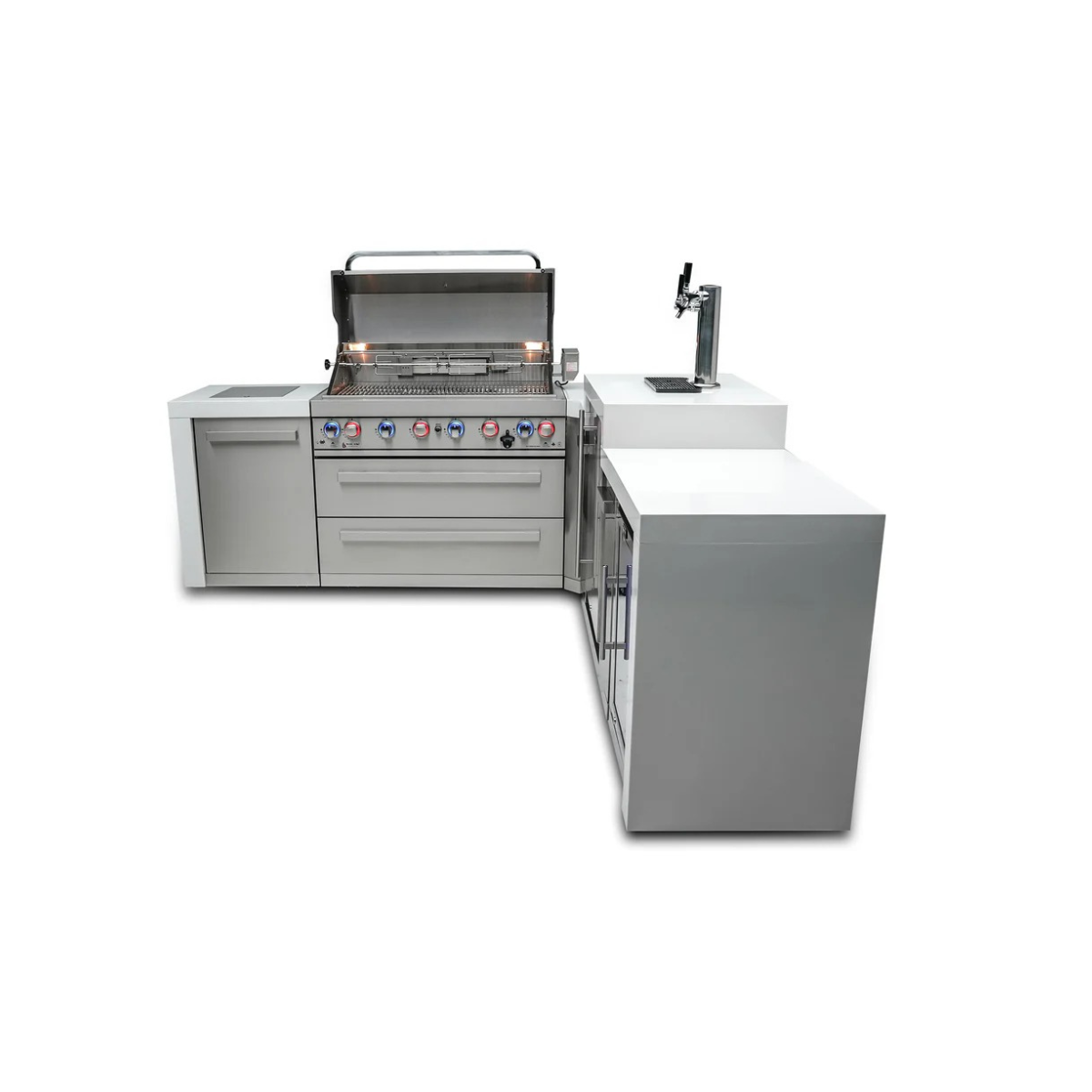 Front-angle view of the Mont Alpi 805 Deluxe Island with 90-degree corner, open grill, kegerator, and fridge cabinet.