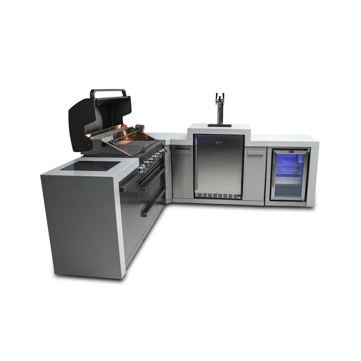 Side perspective of the Mont Alpi 805 Deluxe Island featuring an open gas grill, kegerator, storage cabinet, and illuminated fridge.