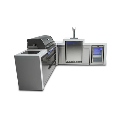 Angled view of the Mont Alpi 805 Deluxe Island with closed grill hood, kegerator, storage cabinet, and glass-door fridge.