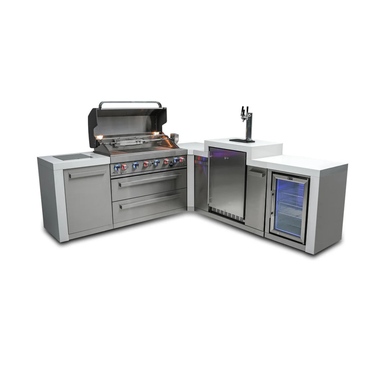 Three-quarter view of the Mont Alpi 805 Deluxe Island showcasing the open grill, kegerator, storage cabinet, and fridge cabinet layout.