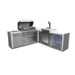 Three-quarter view of the Mont Alpi 805 Deluxe Island showcasing the open grill, kegerator, storage cabinet, and fridge cabinet layout.