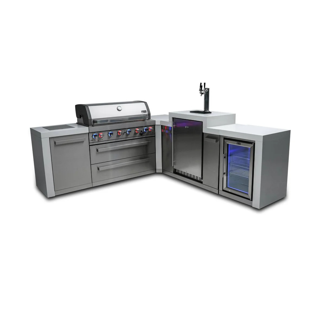 Front perspective of the Mont Alpi 805 Deluxe Island with closed grill lid, stainless steel drawers, kegerator, and fridge cabinet.