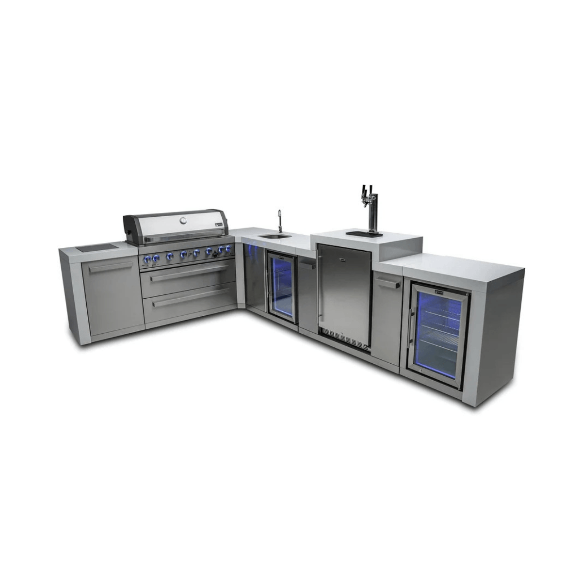 Perspective view of the Mont Alpi 805 Deluxe Island showcasing the L-shaped outdoor kitchen design with grill, sink, kegerator, beverage centre, and fridge cabinet.
