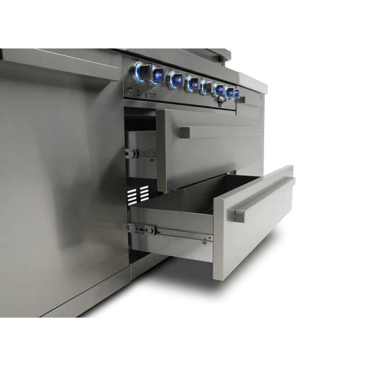 Close-up of the Mont Alpi 805 Deluxe Island storage drawers with stainless steel construction and illuminated control knobs.