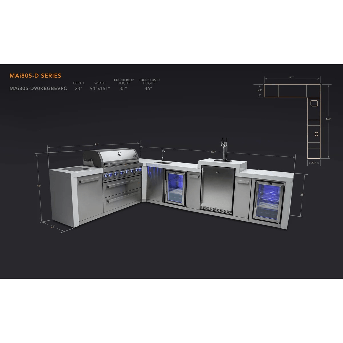 Dimension diagram of the Mont Alpi 805 Deluxe Island with 90-degree corner, kegerator, beverage centre, and fridge cabinet showing width, depth, and height measurements.