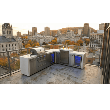 L-shaped Mont Alpi 805 Deluxe Island with kegerator, beverage centre, and fridge cabinet on a rooftop terrace overlooking a city skyline.