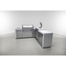 Angled studio view of the Mont Alpi 805 Deluxe Island with 90-degree corner, built-in gas grill, integrated kegerator, storage cabinets, and beer tap tower.