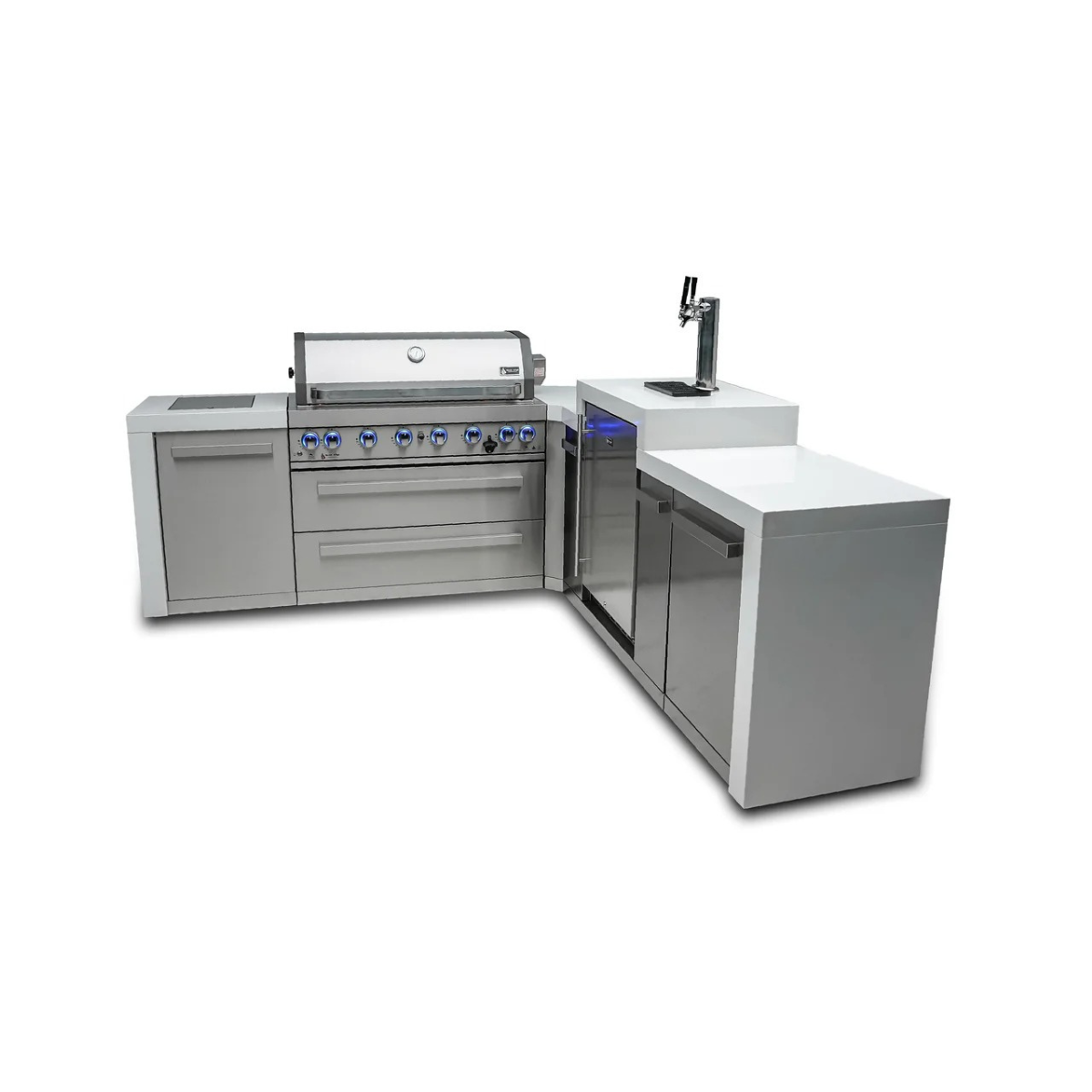 Front three-quarter view of the Mont Alpi 805 Deluxe Island featuring a stainless steel grill, kegerator with beer tap, side burner cover, and storage cabinetry.