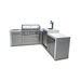 Front three-quarter view of the Mont Alpi 805 Deluxe Island featuring a stainless steel grill, kegerator with beer tap, side burner cover, and storage cabinetry.