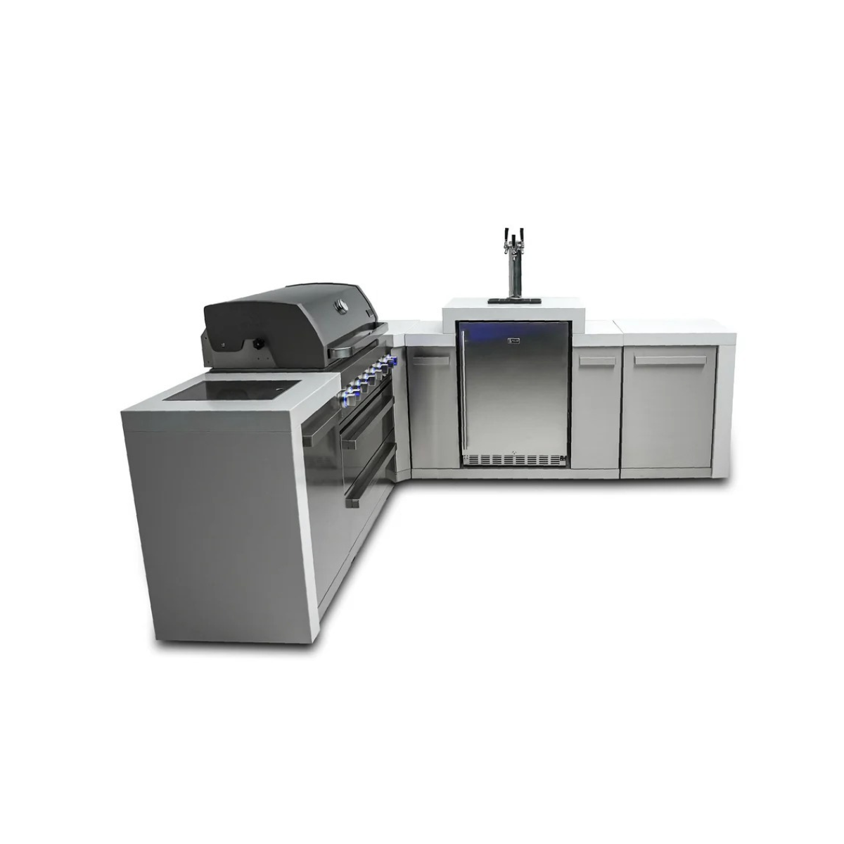 Side angle view of the Mont Alpi 805 Deluxe Island showcasing the built-in gas grill, kegerator, beer tap station, and spacious countertop workspace.