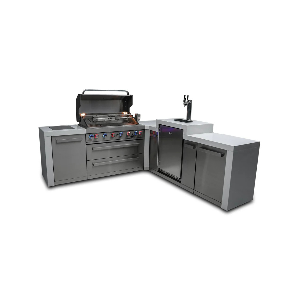 Angled view of the Mont Alpi 805 Deluxe Island with open grill hood, illuminated control knobs, integrated kegerator, beer tap tower, and storage cabinets.