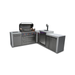 Angled view of the Mont Alpi 805 Deluxe Island with open grill hood, illuminated control knobs, integrated kegerator, beer tap tower, and storage cabinets.