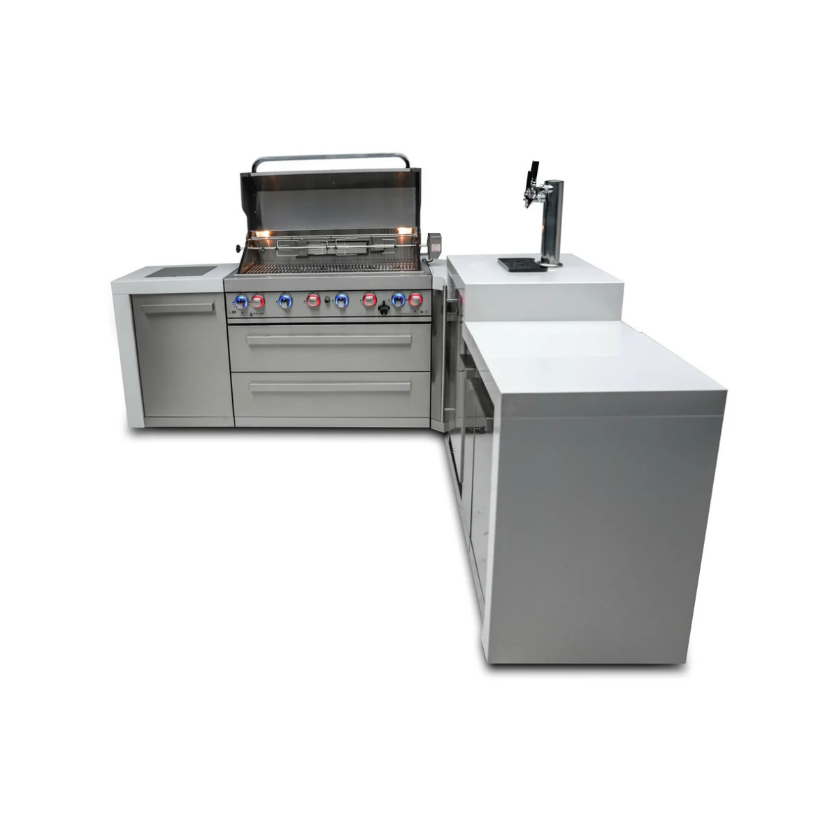 Front perspective of the Mont Alpi 805 Deluxe Island featuring an open gas grill, kegerator with beer tap, stainless steel storage drawers, and countertop preparation area.