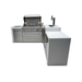 Front perspective of the Mont Alpi 805 Deluxe Island featuring an open gas grill, kegerator with beer tap, stainless steel storage drawers, and countertop preparation area.