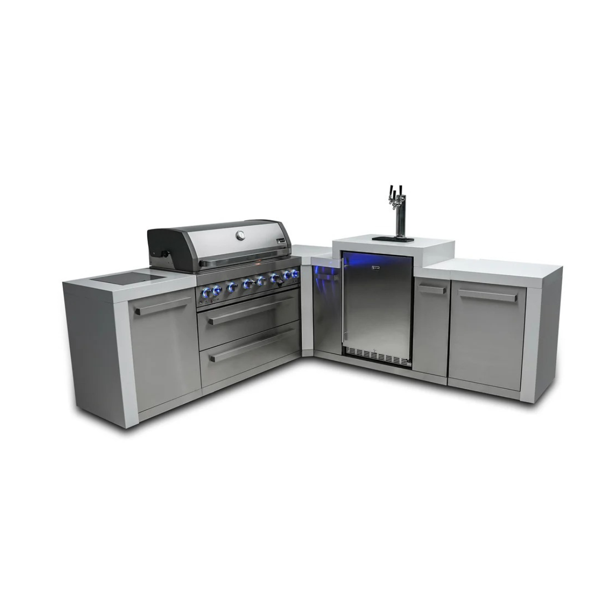 Three-quarter view of the Mont Alpi 805 Deluxe Island with closed grill hood, built-in kegerator, beer dispensing tower, and stainless steel cabinet storage.