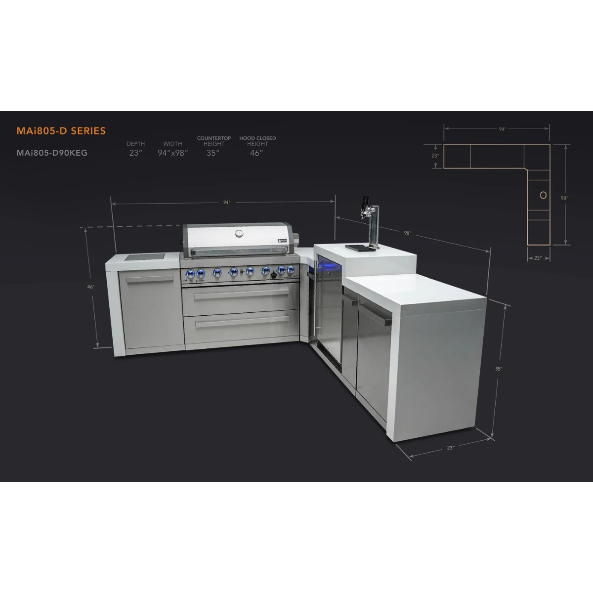 Dimension diagram of the Mont Alpi 805 Deluxe Island with 90-degree corner and kegerator, showing layout measurements, countertop dimensions, and overall island footprint.