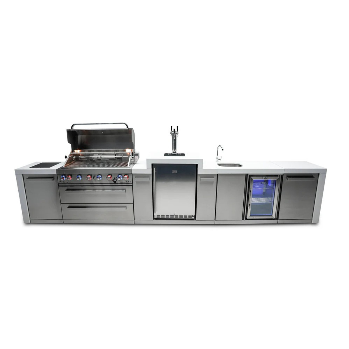 Front view of the Mont Alpi 805 Deluxe Island with the grill lid open, showcasing the cooking area, kegerator, sink, and beverage center.