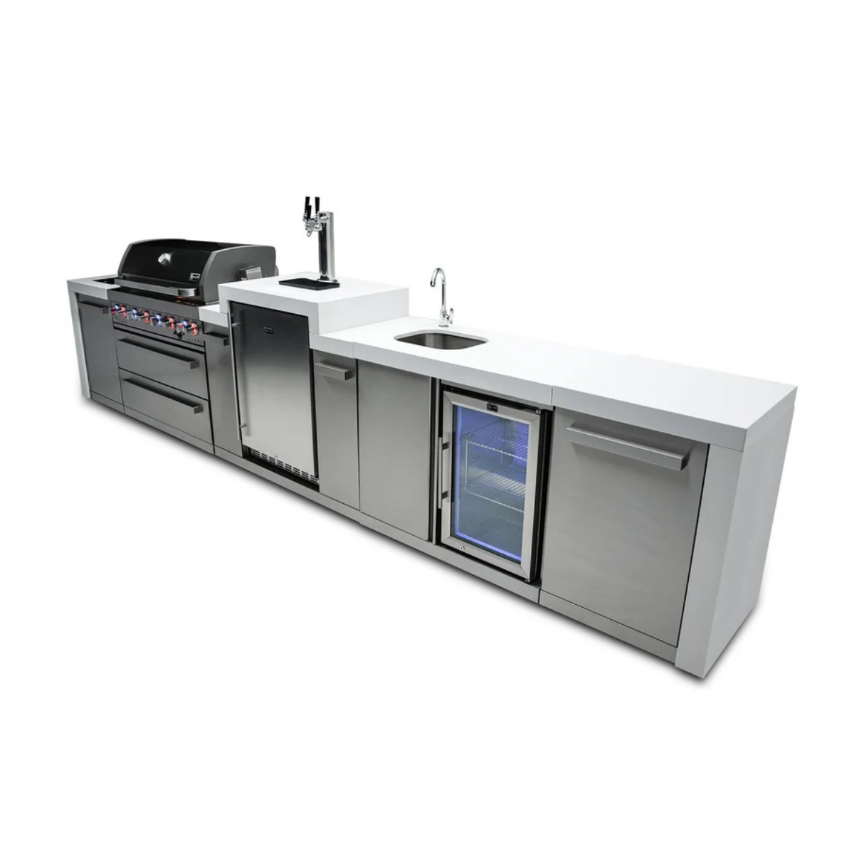Angled view of the Mont Alpi 805 Deluxe Island with closed grill hood, integrated kegerator, sink, beverage center, and stainless steel storage cabinets.