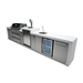 Angled view of the Mont Alpi 805 Deluxe Island with closed grill hood, integrated kegerator, sink, beverage center, and stainless steel storage cabinets.