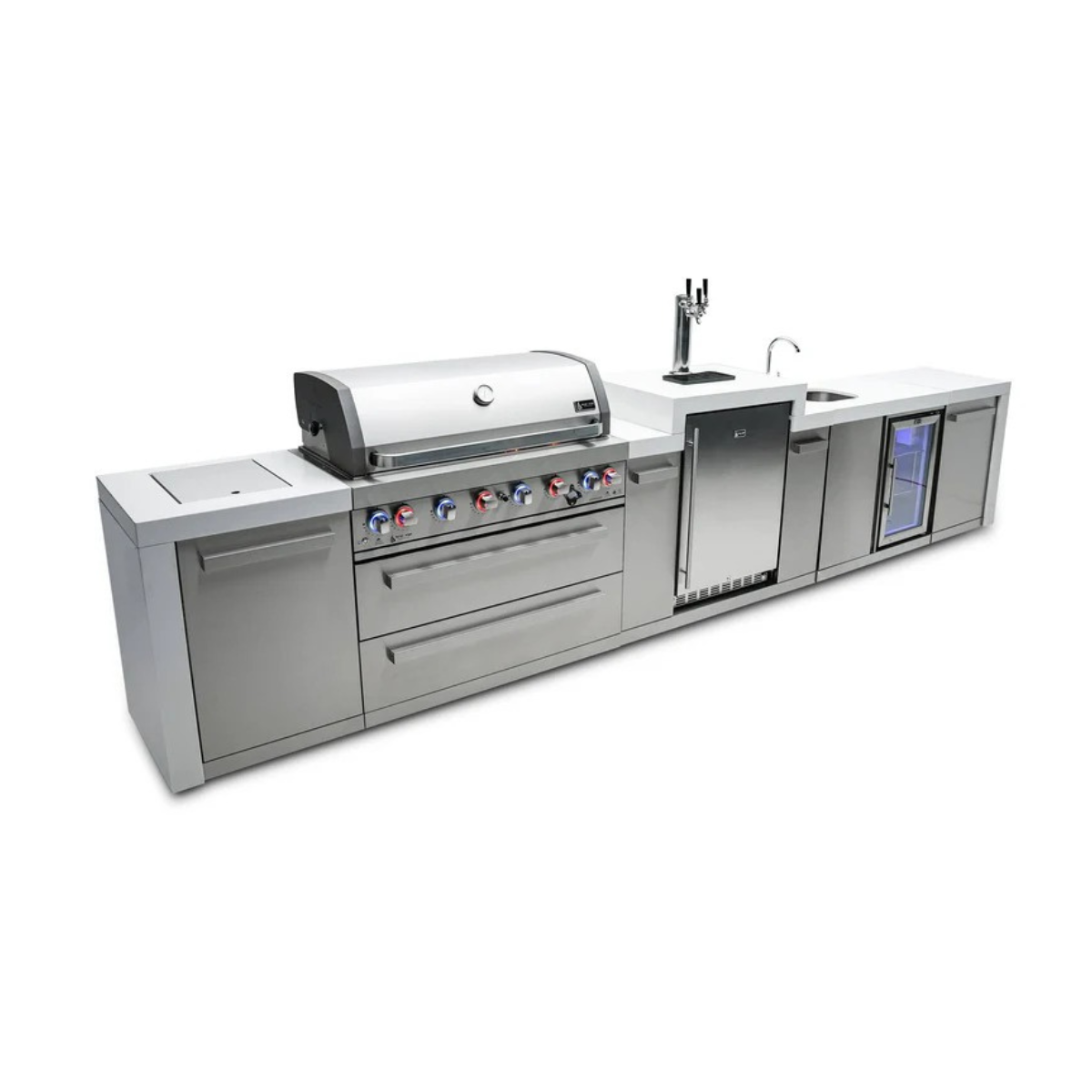 Front-left angled view of the Mont Alpi 805 Deluxe Island featuring LED-lit grill controls, kegerator, sink, beverage center, and storage compartments.
