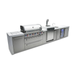 Front-left angled view of the Mont Alpi 805 Deluxe Island featuring LED-lit grill controls, kegerator, sink, beverage center, and storage compartments.