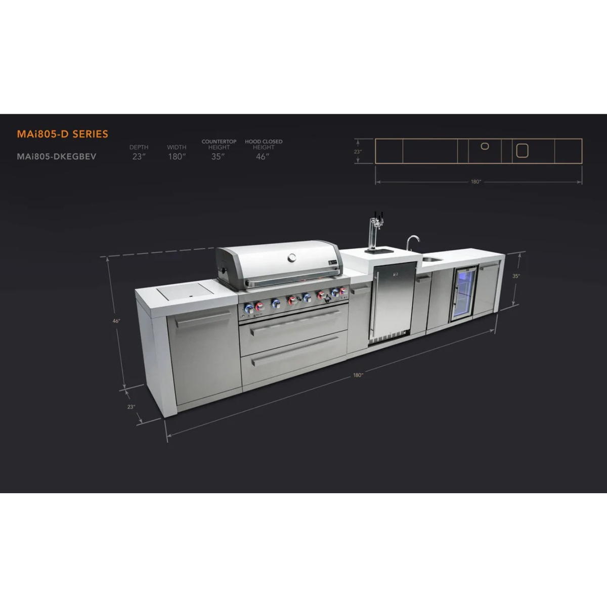 Dimension diagram of the Mont Alpi 805 Deluxe Island showing a 180-inch width, 23-inch depth, 35-inch countertop height, and 46-inch hood-closed height.