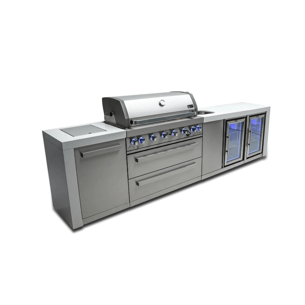 Side angle of the Mont Alpi 805 Deluxe Island showing the kegerator tower, built-in grill, and stainless steel cabinetry.