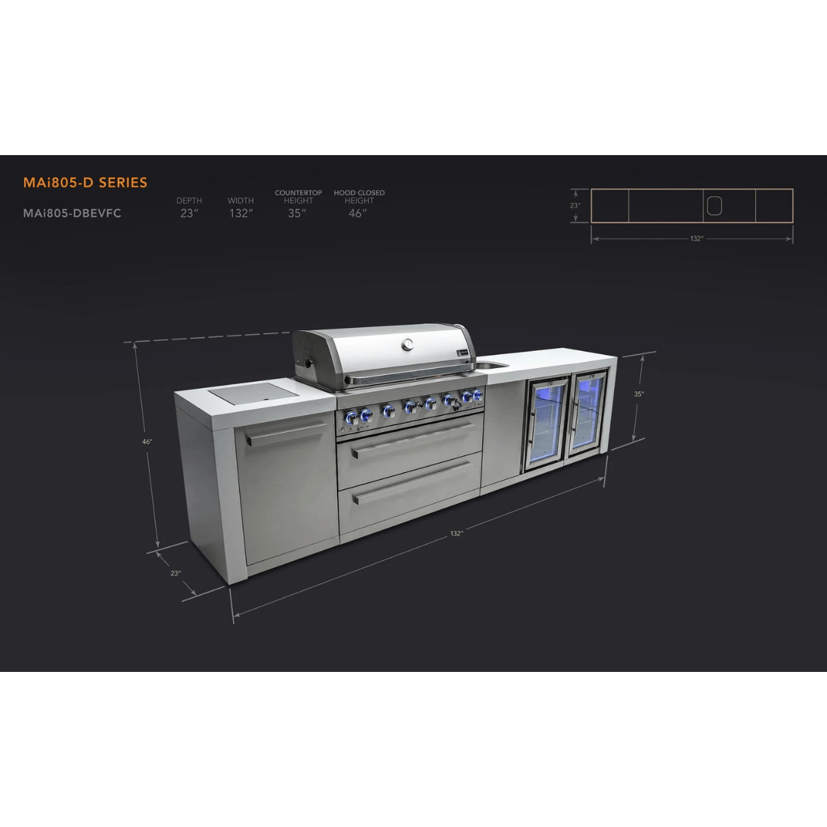 Front view of the Mont Alpi 805 Deluxe Island with open grill, LED-lit control knobs, kegerator, and storage cabinets.