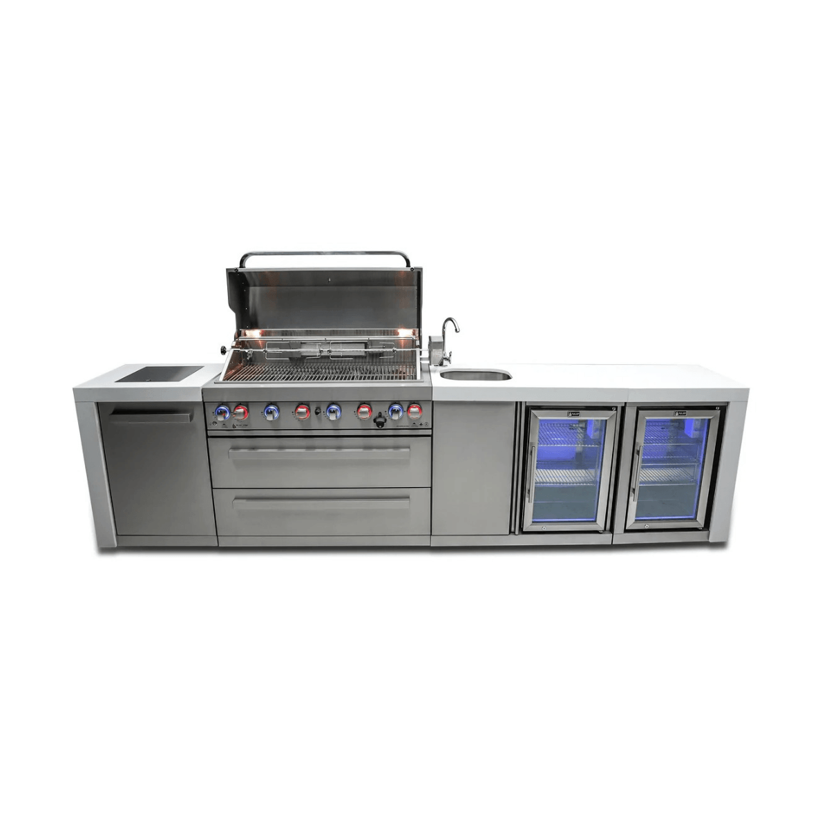 Angled view of the Mont Alpi 805 Deluxe Island featuring a stainless steel grill, kegerator, and outdoor kitchen storage.