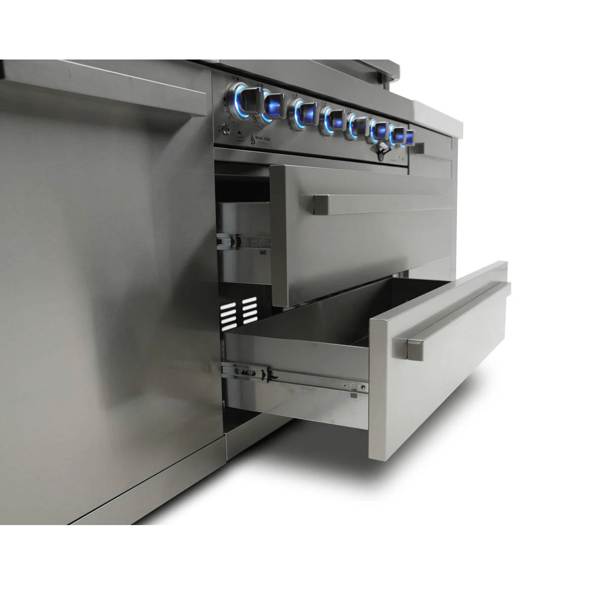 Mont Alpi 805 Deluxe Island with built-in grill, kegerator, storage cabinets, and white stone countertops in a studio setting.