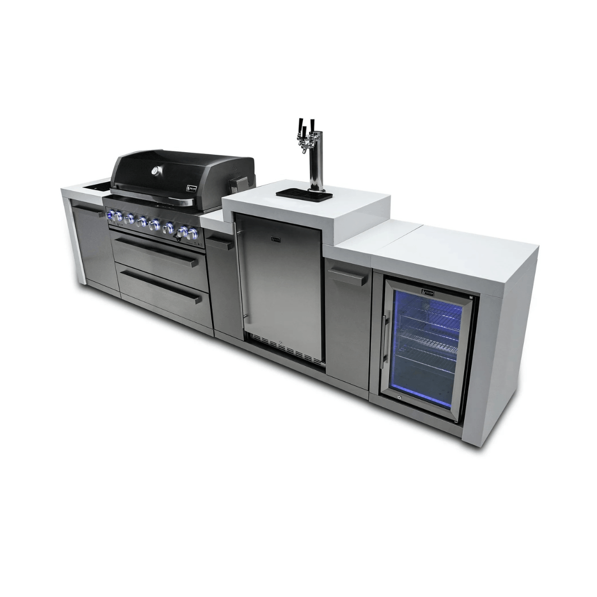Rear angled view of the Mont Alpi 805 Deluxe Island featuring a built-in kegerator, fridge cabinet, stainless steel storage, and closed grill hood.