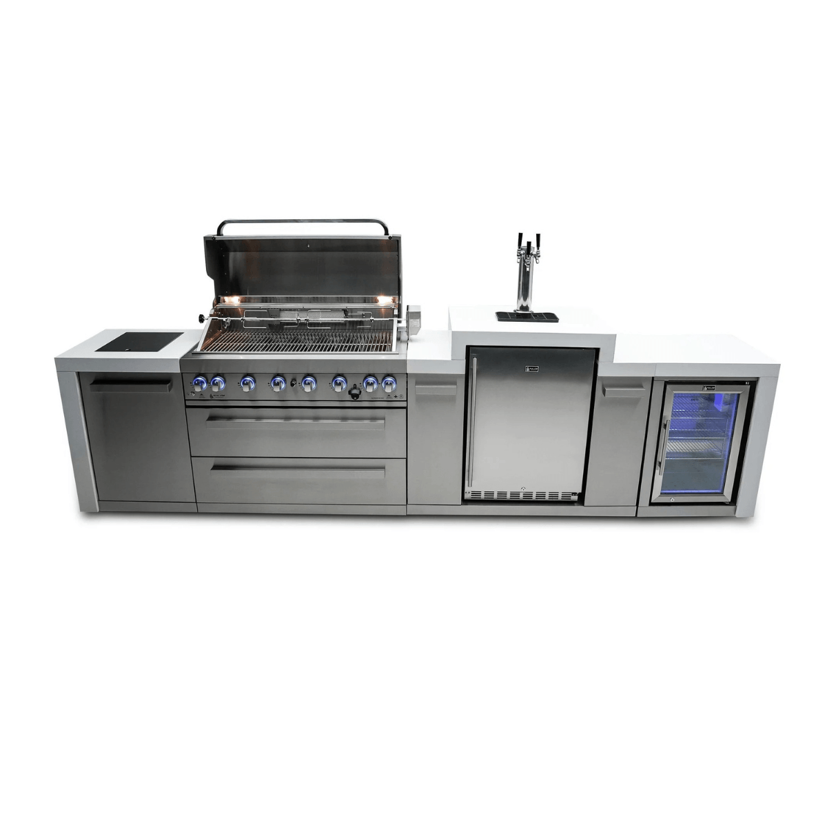 Front view of the Mont Alpi 805 Deluxe Island with the grill lid open, featuring a kegerator, fridge cabinet, storage drawers, and illuminated cooking area.