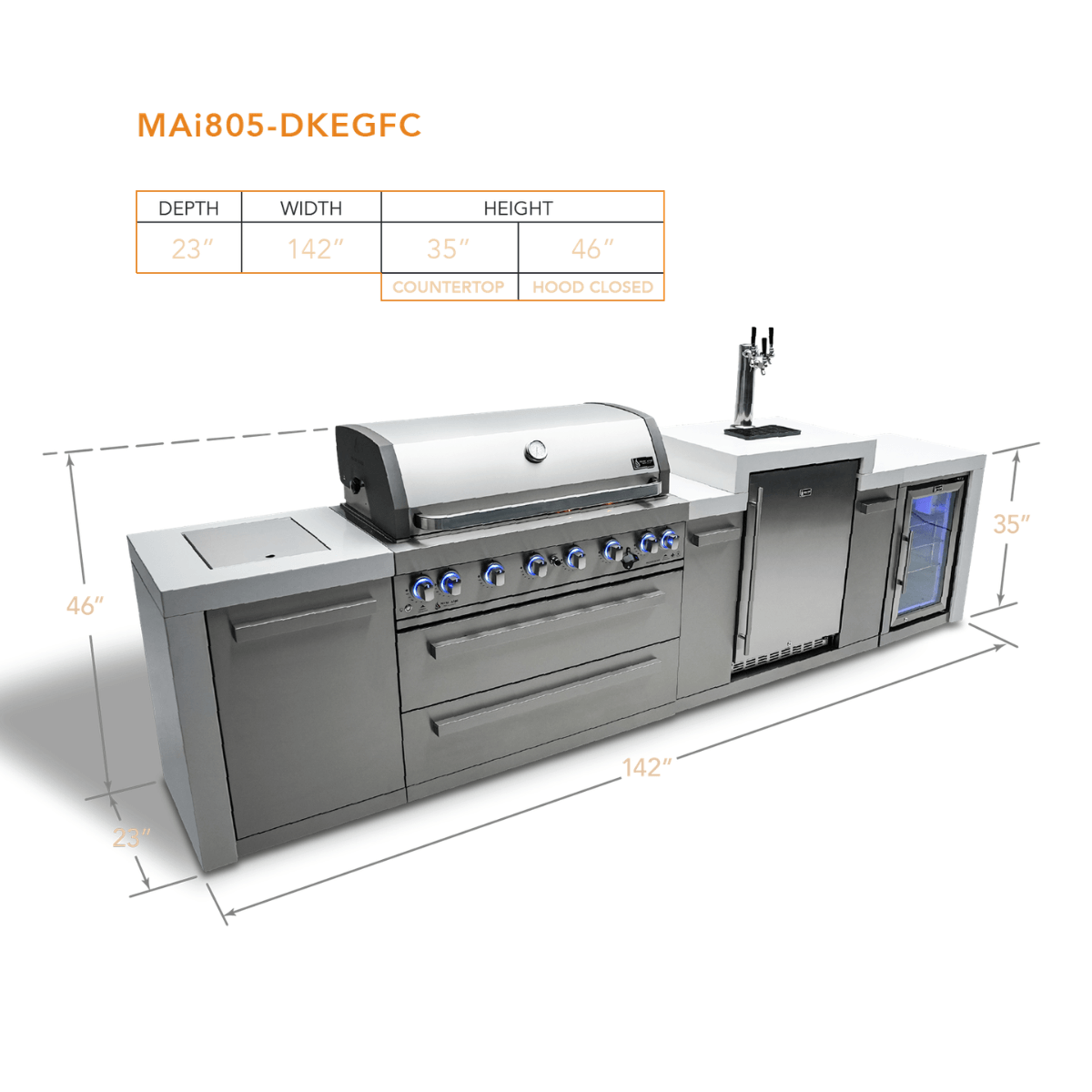 Dimension diagram of the Mont Alpi 805 Deluxe Island with kegerator and fridge cabinet, showing 142-inch width, 23-inch depth, 35-inch countertop height, and 46-inch hood-closed height.