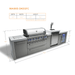 Dimension diagram of the Mont Alpi 805 Deluxe Island with kegerator and fridge cabinet, showing 142-inch width, 23-inch depth, 35-inch countertop height, and 46-inch hood-closed height.