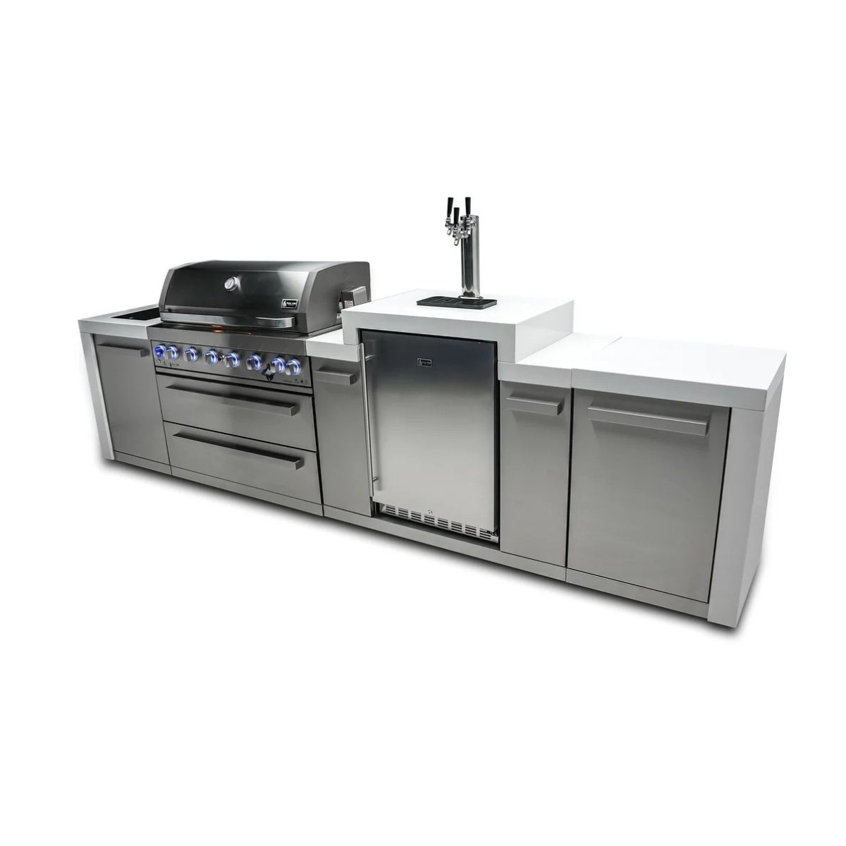 Angled view of the Mont Alpi 805 Deluxe Island featuring a stainless steel grill, kegerator, and outdoor kitchen storage.