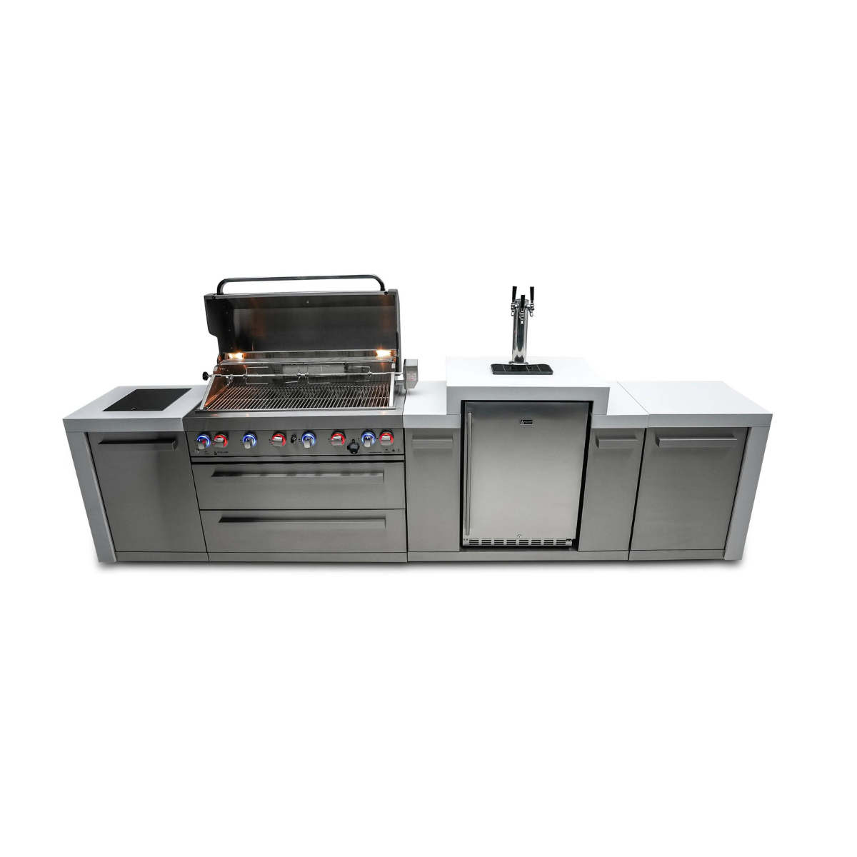 Front view of the Mont Alpi 805 Deluxe Island with open grill, LED-lit control knobs, kegerator, and storage cabinets.