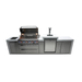 Front view of the Mont Alpi 805 Deluxe Island with open grill, LED-lit control knobs, kegerator, and storage cabinets.