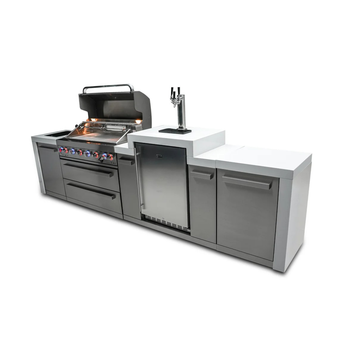 Side angle of the Mont Alpi 805 Deluxe Island showing the kegerator tower, built-in grill, and stainless steel cabinetry.