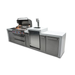 Side angle of the Mont Alpi 805 Deluxe Island showing the kegerator tower, built-in grill, and stainless steel cabinetry.
