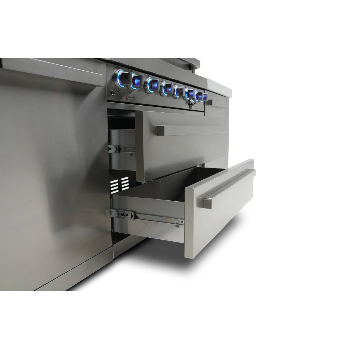 Close-up of the Mont Alpi 805 Deluxe Island drawers with soft-close storage compartments and blue LED illuminated grill control knobs.