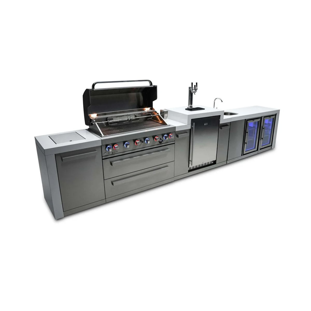 Open-grill view of the Mont Alpi 805 Deluxe Island showcasing stainless steel cooking grates, rotisserie system, kegerator, sink, beverage center, and dual refrigerators.