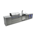 Front angled view of the Mont Alpi 805 Deluxe Island with the grill lid closed, featuring LED-lit controls, spacious countertops, kegerator, beverage center, and refrigeration storage.